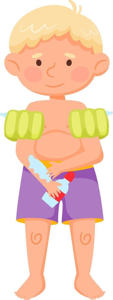 Blond little boy in purple swimming trunks and inflatable armbands applying sunscreen lotion on his arm, preparing for a swim at the beach or pool during summer vacation vector