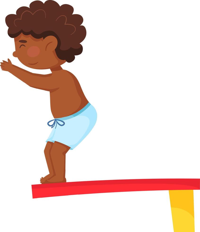 Cute african american boy wearing light blue swimming trunks preparing to jump into water from red and yellow springboard, summer leisure activity, swimming pool, healthy lifestyle vector