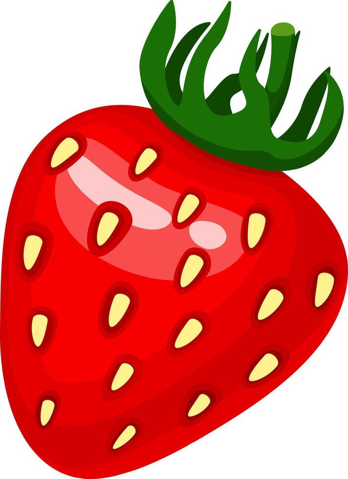 Bright and colorful illustration showcasing a fresh red strawberry with green leaves, highlighting its juicy texture and seeds. Perfect for themes related to fruit, health, and nutrition vector