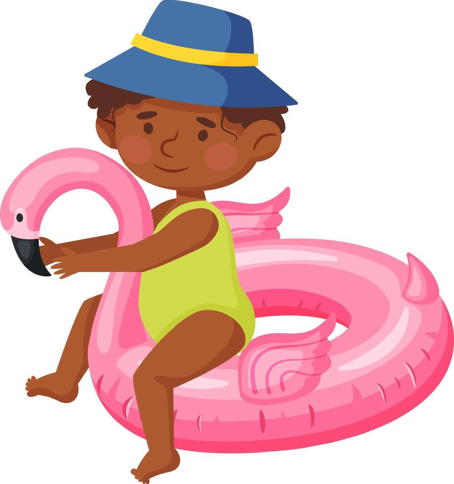 Smiling dark skinned child enjoying summer fun in a vibrant swimsuit and stylish sun hat, playing joyfully with a pink flamingo inflatable ring, capturing carefree vacation moments vector