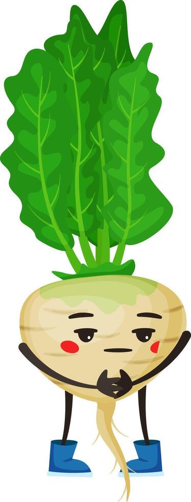 Cartoon turnip with vibrant green leaves and playful blue boots, holding its root with tiny hands, blushing and shyly gazing downward, exuding a cute and funny personality vector