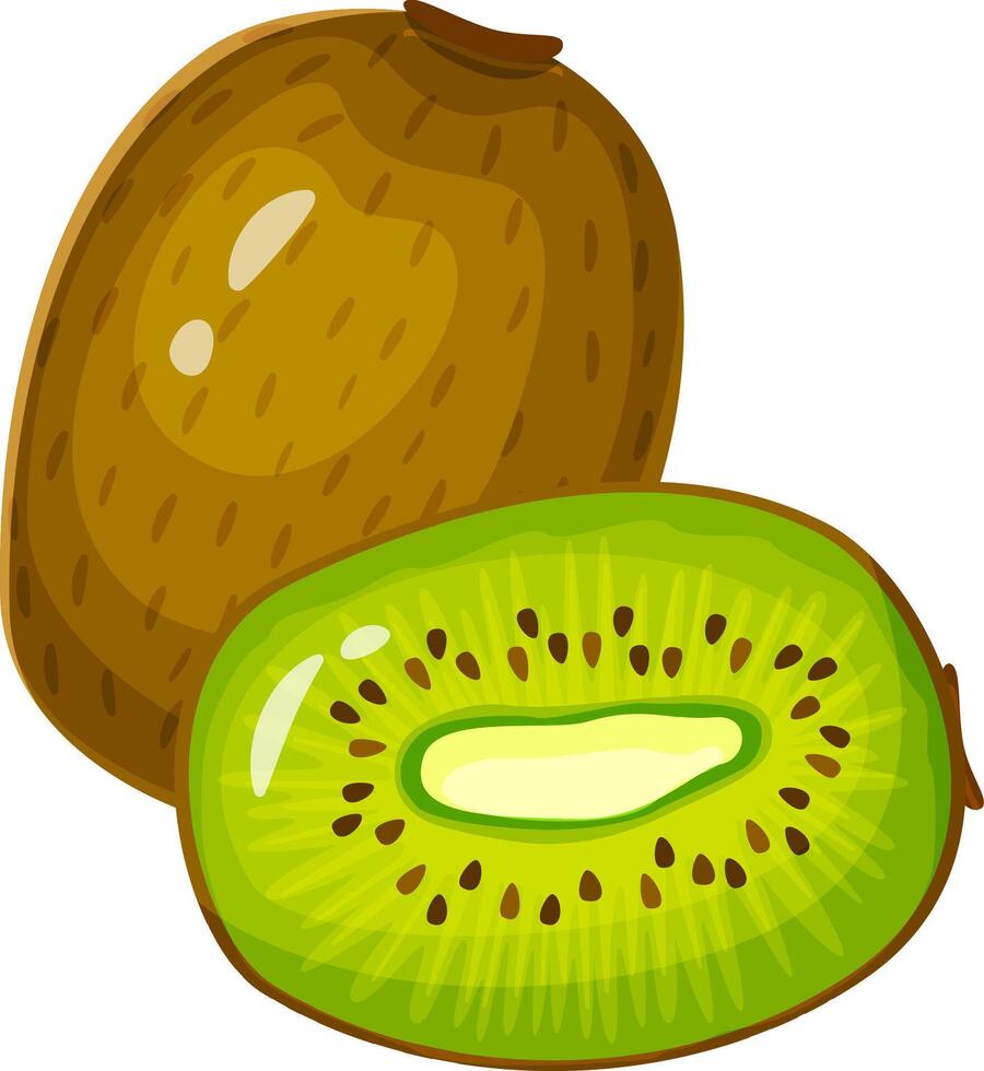 Whole kiwi fruit alongside a half kiwi fruit, revealing vibrant green pulp, tiny black seeds, and a pale core, creating an enticing and healthy visual representation vector