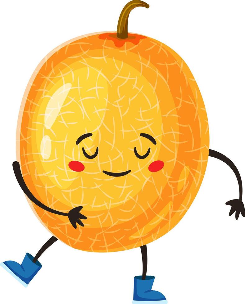 Cartoon melon wearing blue boots joyfully dancing with closed eyes, radiating happiness and playfulness against a clean white background, creating a cheerful and cute vibe vector