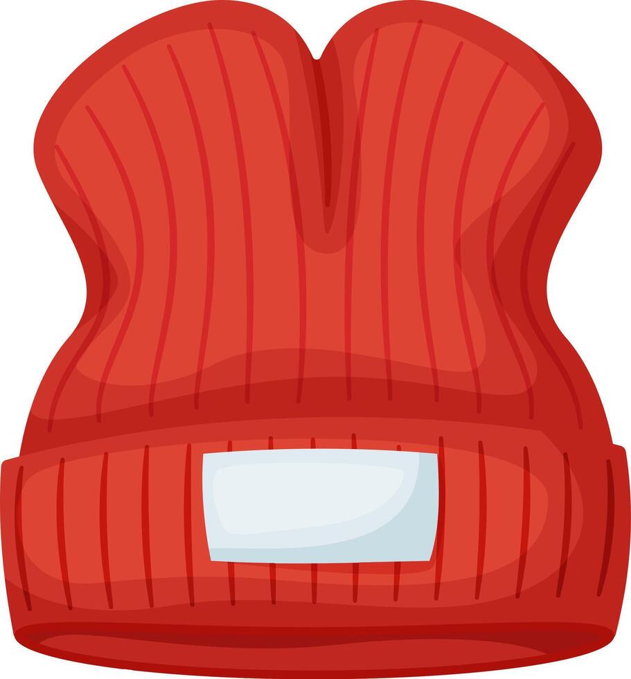 Red woolen winter hat featuring a ribbed knit design and a blank rectangular label on the front, offering an ideal canvas for customization and personal expression in cold weather vector