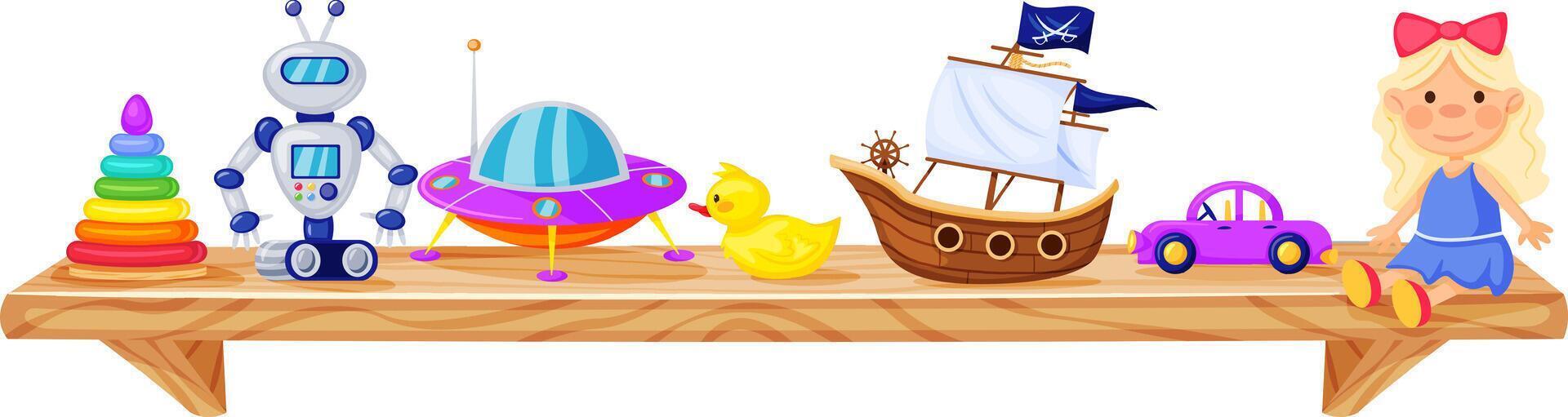 Wooden shelf displays a variety of colorful children's toys, creating a playful and nostalgic scene perfect for illustrating childhood, playtime, or the toy industry vector