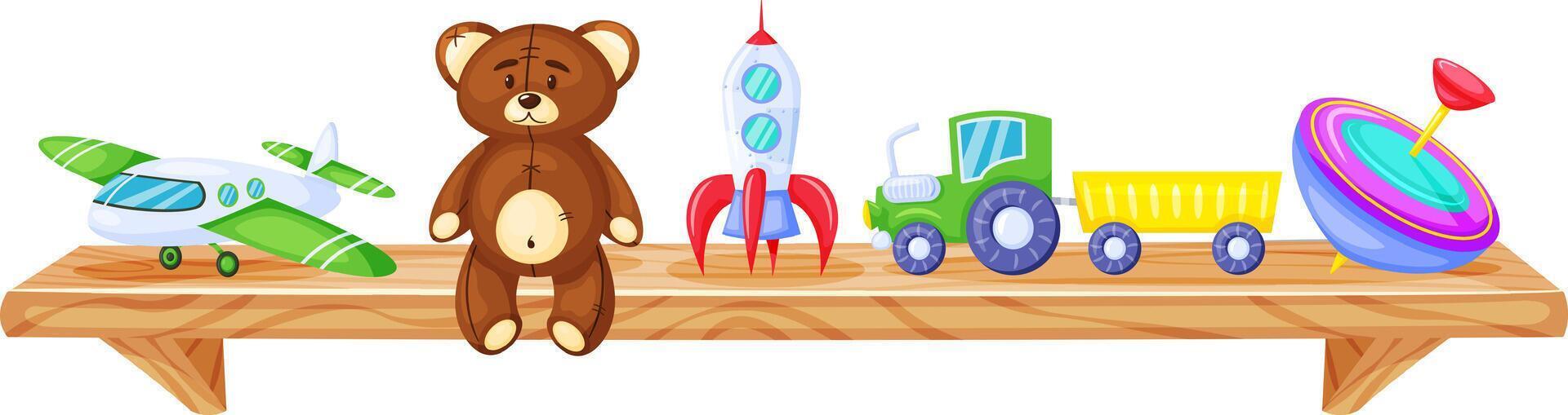 Colorful toys sitting on wooden shelf including teddy bear, airplane, rocket, tractor with trailer and spinning top, representing childhood, fun and games vector