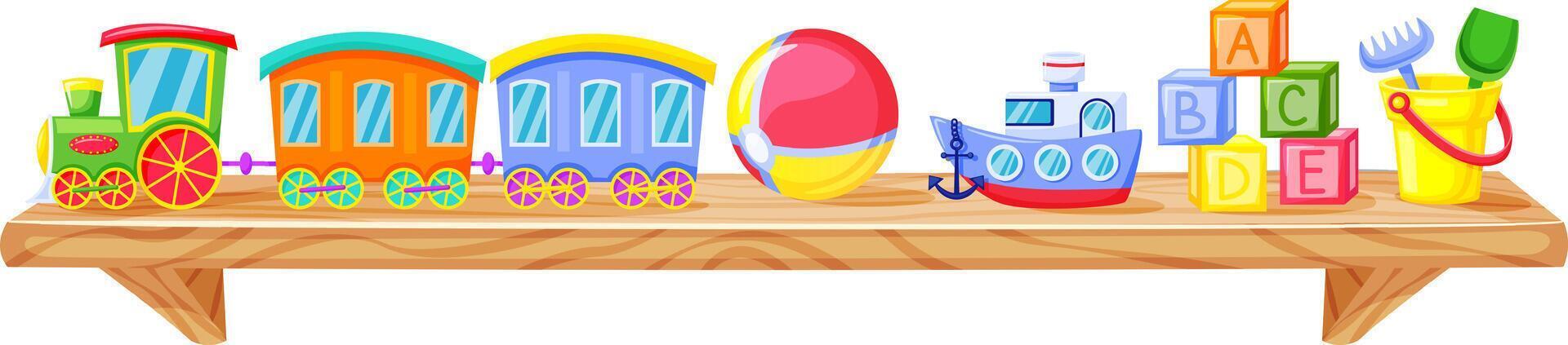 Colorful train, a beach ball, a toy boat, letter cubes and a bucket with a rake and shovel are resting on a wooden shelf, waiting for kids to play with them vector