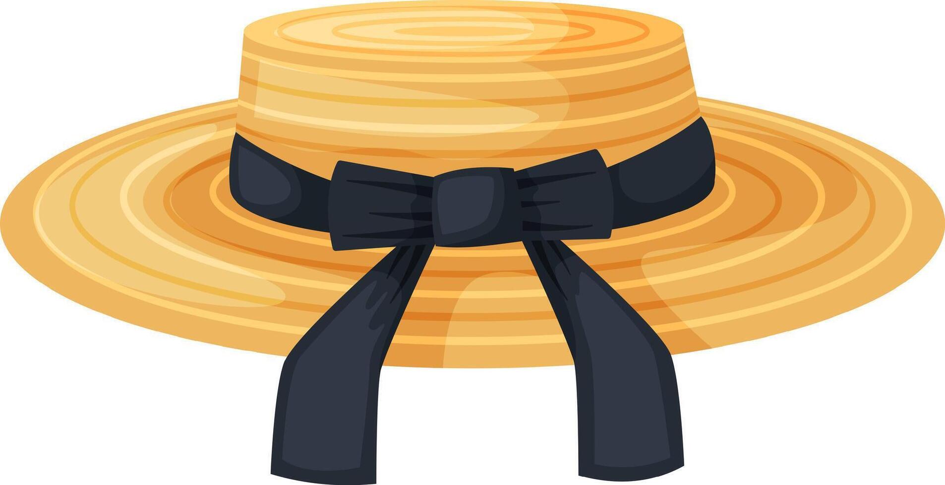 Stylish straw hat featuring a classic black ribbon bow, perfect for summer fashion. The wide brim offers sun protection and adds a touch of sophistication to casual or formal outfits vector