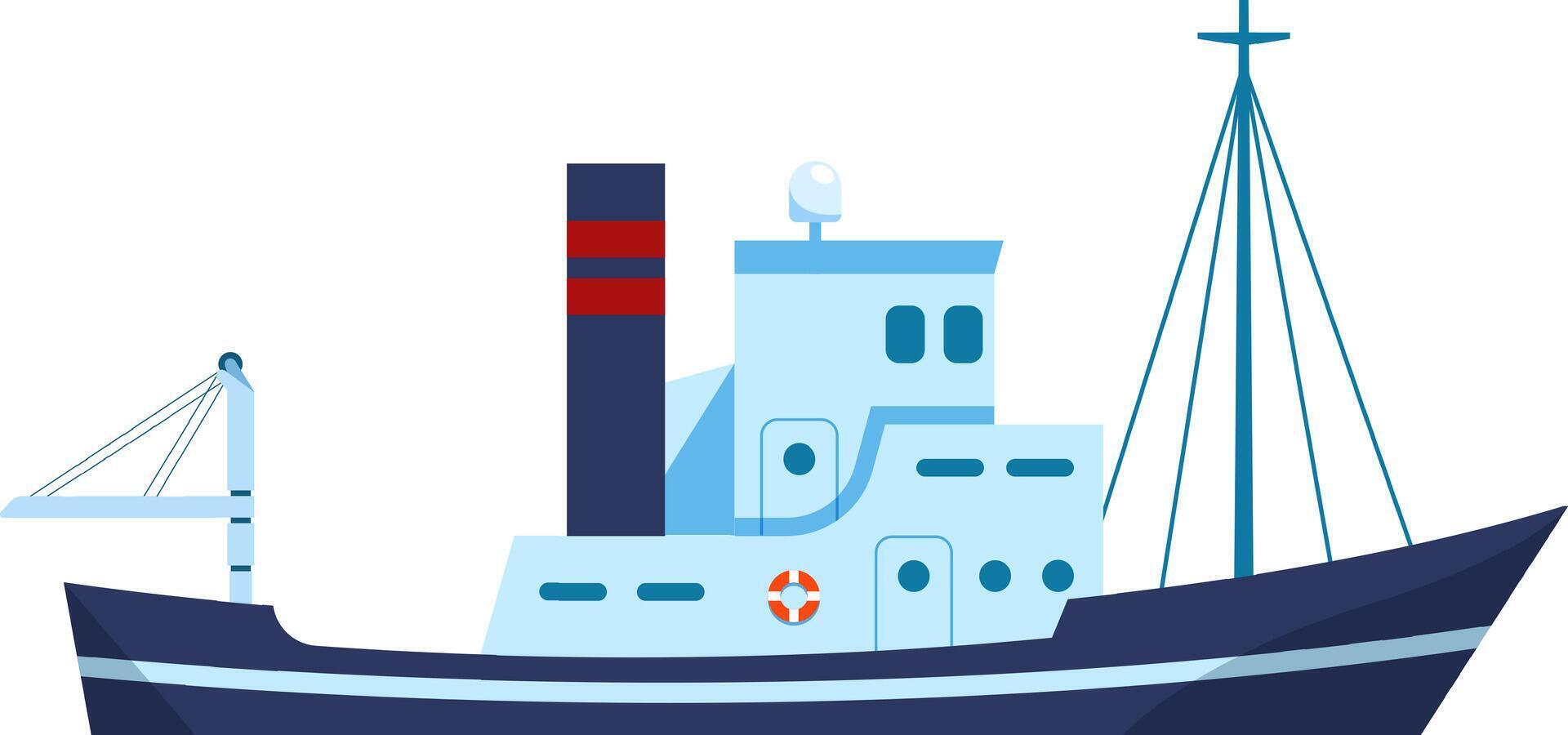 Illustration of a modern cargo ship featuring a blue and white color scheme, showcasing nautical elements like lifebuoy and masts, highlighting maritime transportation themes vector