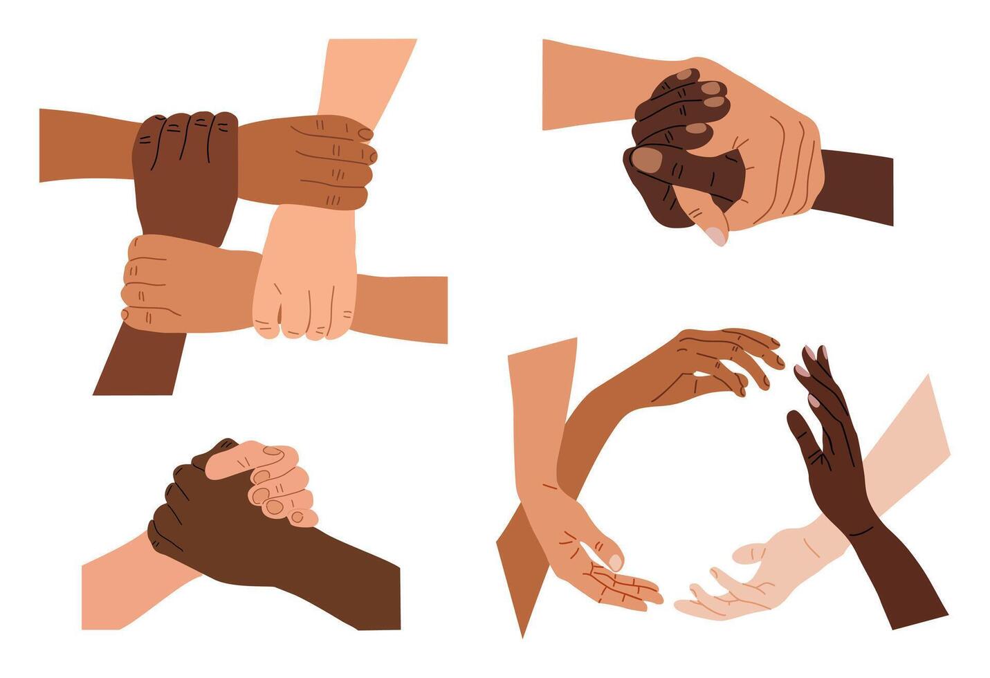 Diverse hands holding together, groups, circle shaped. Team cooperation, partnership, community, support, trust concept. vector