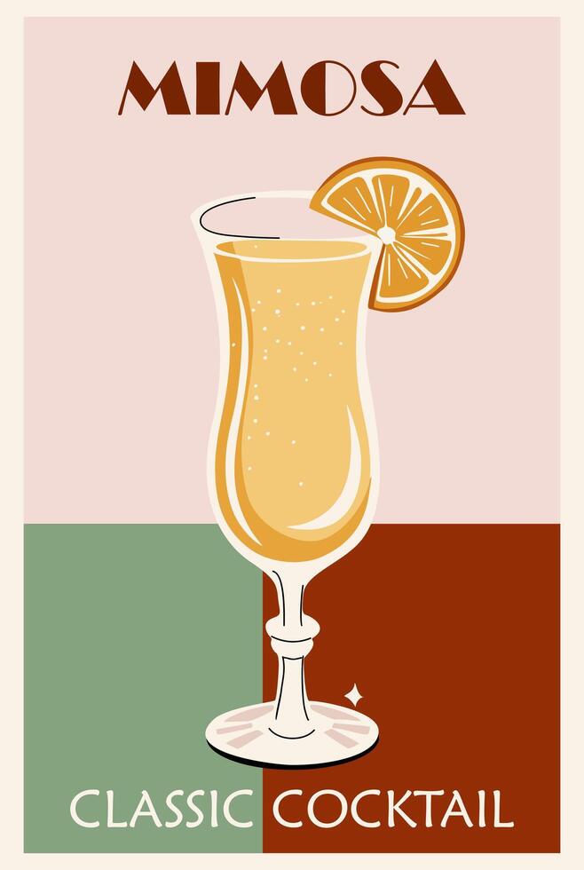 Mimosa Cocktail Retro Poster, popular alcohol drink. vector