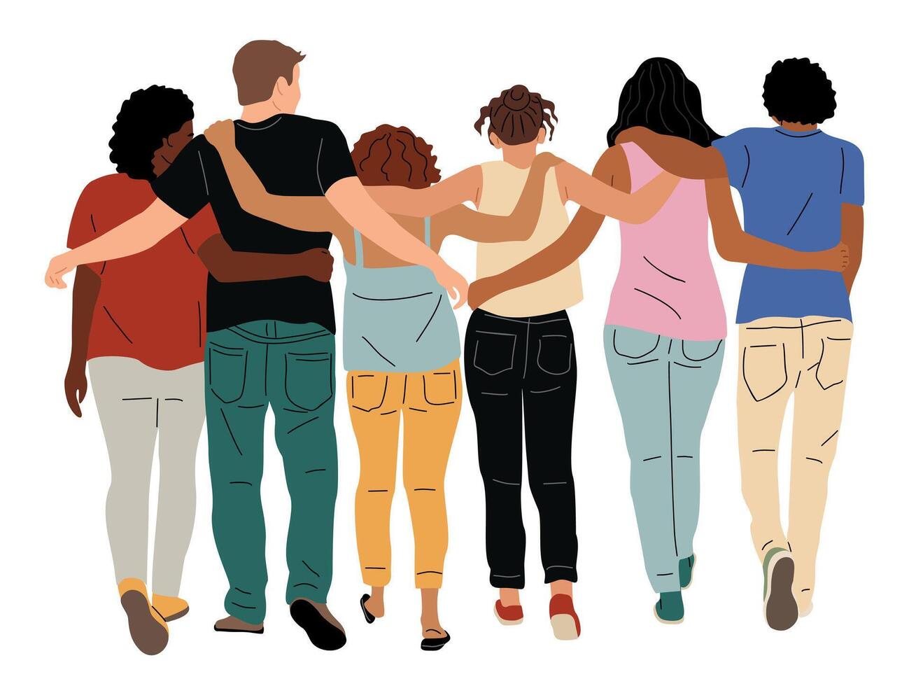 Back view of team of cartoon men and women hugging. Crowd of people from behind, friends, community vector