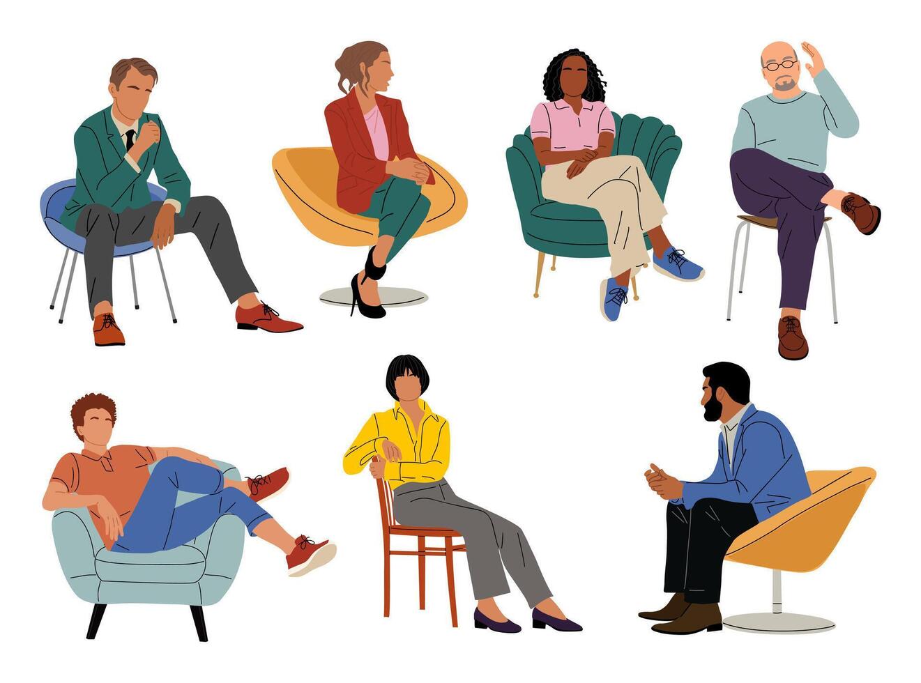 Diverse group of people sitting in chairs. Concept of social interaction and communication vector