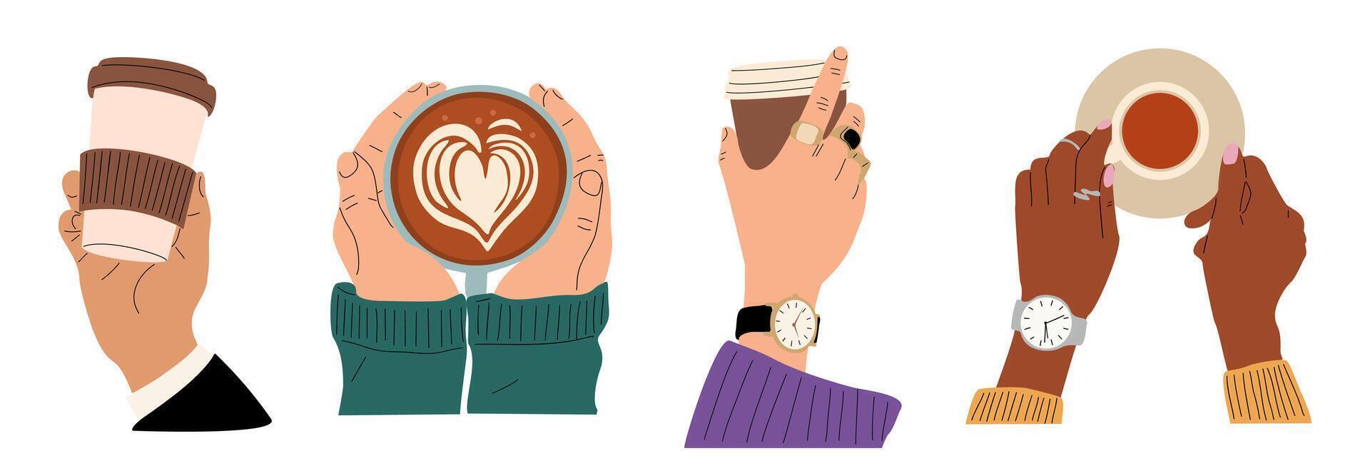 Different hands holding hot drinks and beverage. Brewing or pouring tea, cacao, espresso, cappuccino, latte coffee vector