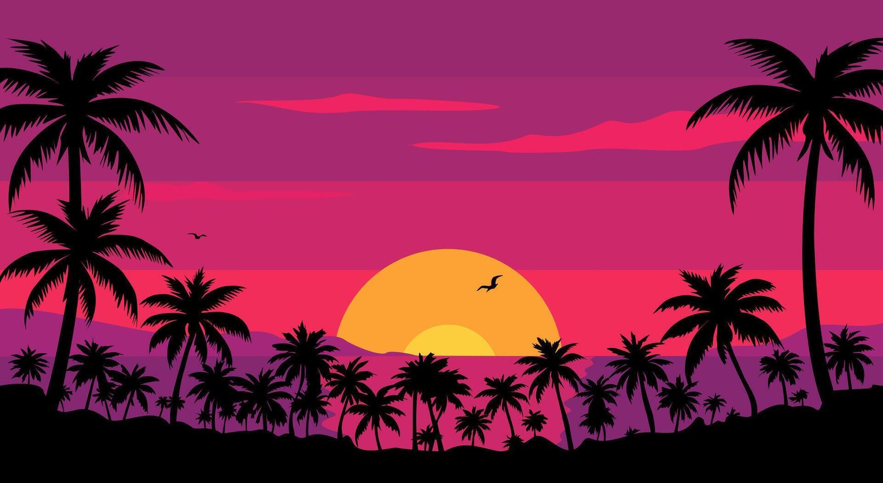 Landscape tropical scene with palm trees and sunset in the background. The sky is a mix of pink and purple, creating a warm and relaxing atmosphere vector
