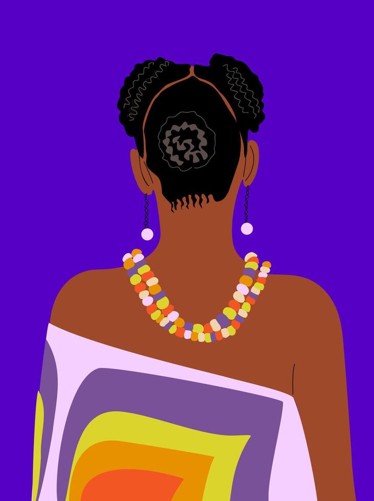 Abstract woman portrait. Gorgeous girl in ethnic authentic clothes with afro hairstyle rear view vector