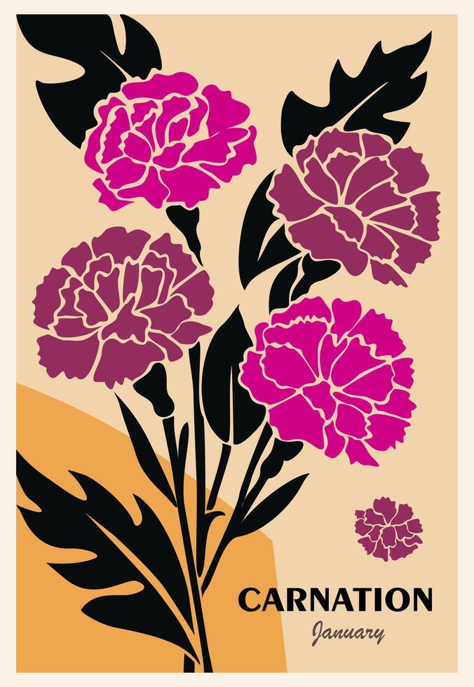 Abstract botanical poster, card with Carnations January birth month flowers in Mid century modern Flower Market retro style vector