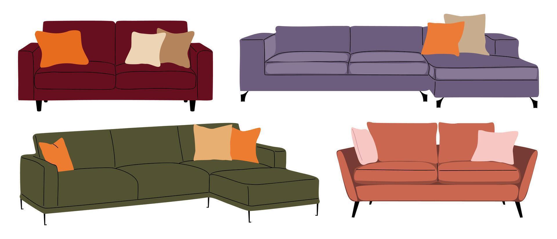 Set of trendy sofas, couches with cushions in retro Mid Century Modern style. Scandinavian living room furniture collection vector