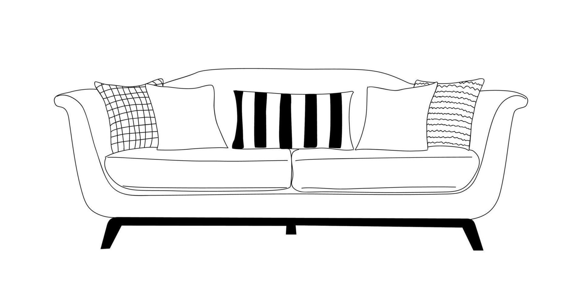 Home couch with cushions. Modern comfortable soft sofa with legs for living room. Lounge furniture, seat with pillows in minimalist style vector