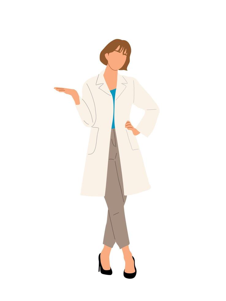 Female doctor, nurse. Young woman medic worker in white lab coat vector