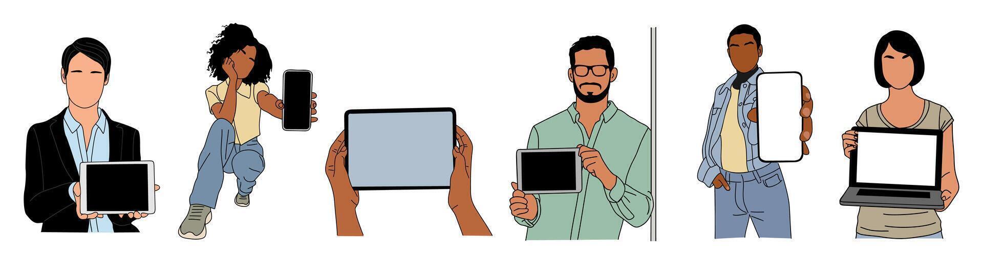 Advertising, Digital Marketing business concept illustrations. Set of business men, women showing blank empty screen of phone, tablet, laptop vector