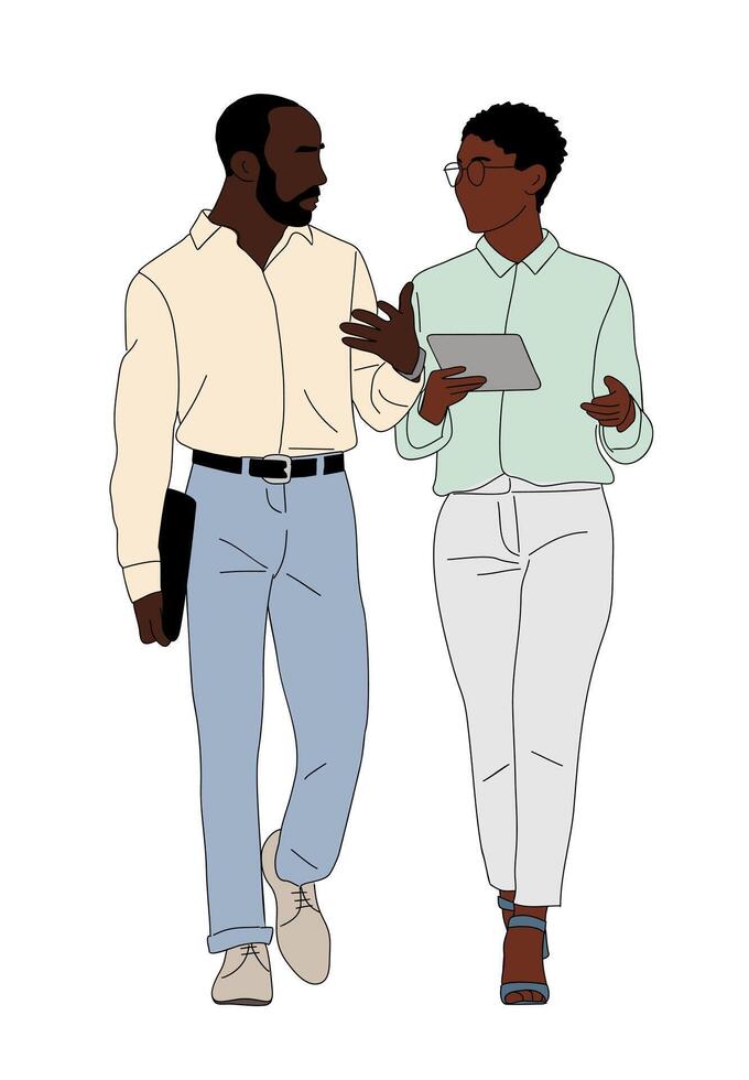 Business couple, man and woman walking with tablet and folder, talking, discussing vector