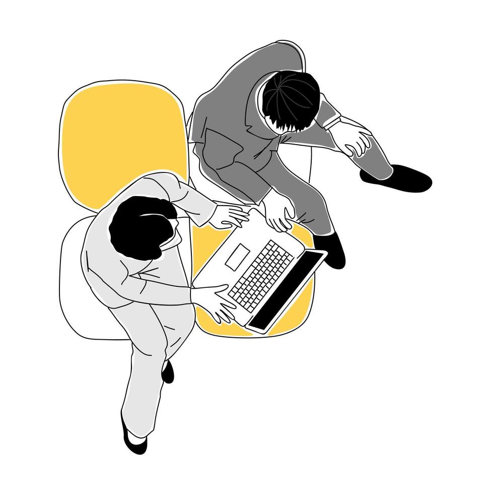 Business people, man and woman taking part in meeting, sitting with laptop, discussing, brainstormin vector