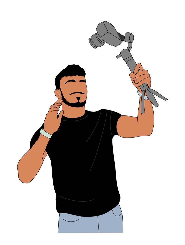 Young man with beard holding camera and doing selfie. The man wearing black shirt and blue jeans vector