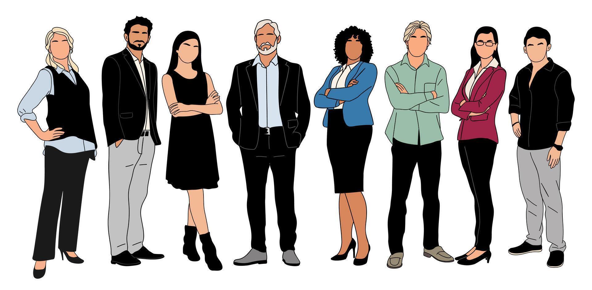 Set of different business people colored outline drawing. Group of men and women in formal suits. vector
