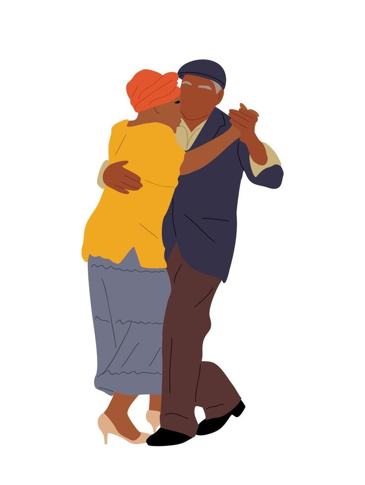 Senior couple dancing latina dance, tango, salsa. Elderly man and woman hugging in dancing pose vector