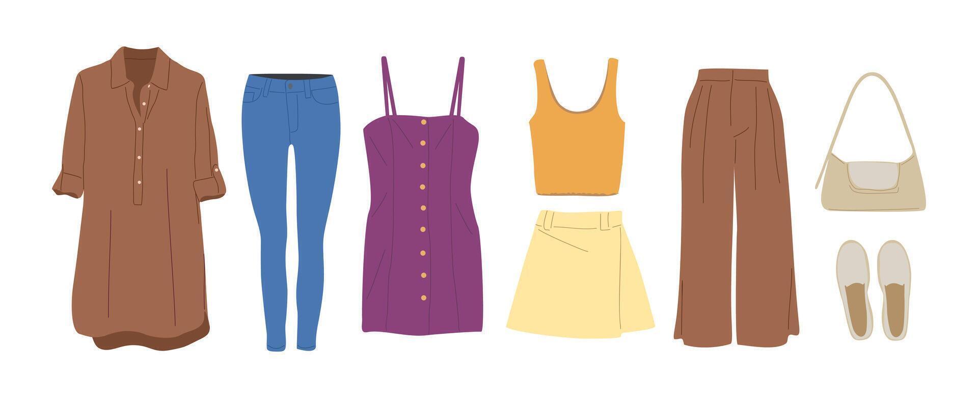 Fashion clothes set. Garment, accessory for girls, women. Different apparel collection. Modern casual dress, pants, shirt, shoes and bag vector