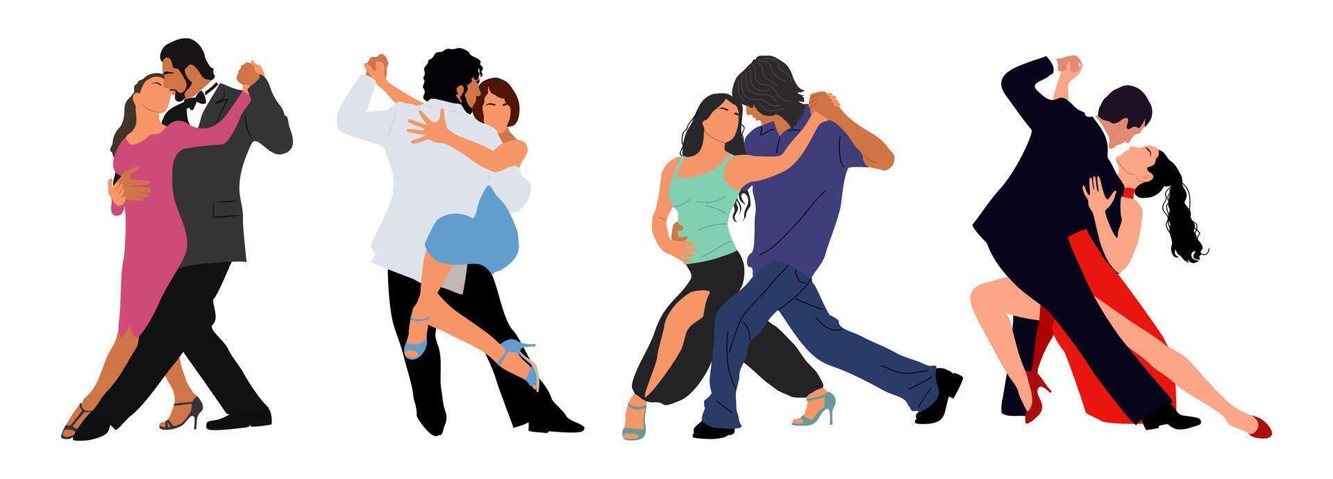 Set of different Dancing Couples, Dancers Tango, Salsa, Bachata, Flamenco, Latina Dance. Young men and women in dance poses vector