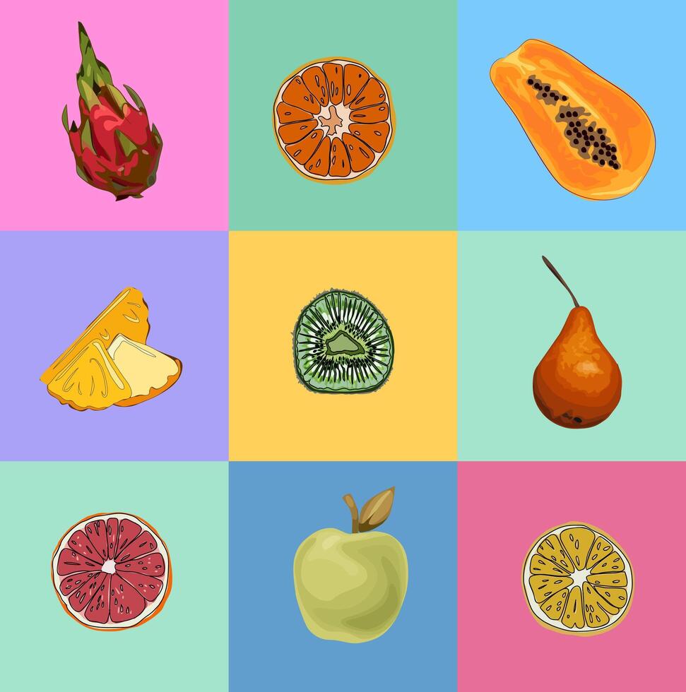 Natural tropical and domestic fruits, citrus orange, lemon, grapefruit, apple, pear, kiwi vector