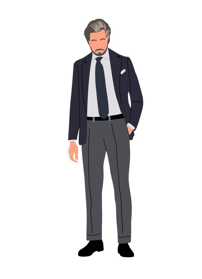 Elegant senior businessman character in formal office outfit. Stylish mature man wearing suit, tie. Elderly gray haired person with beard vector