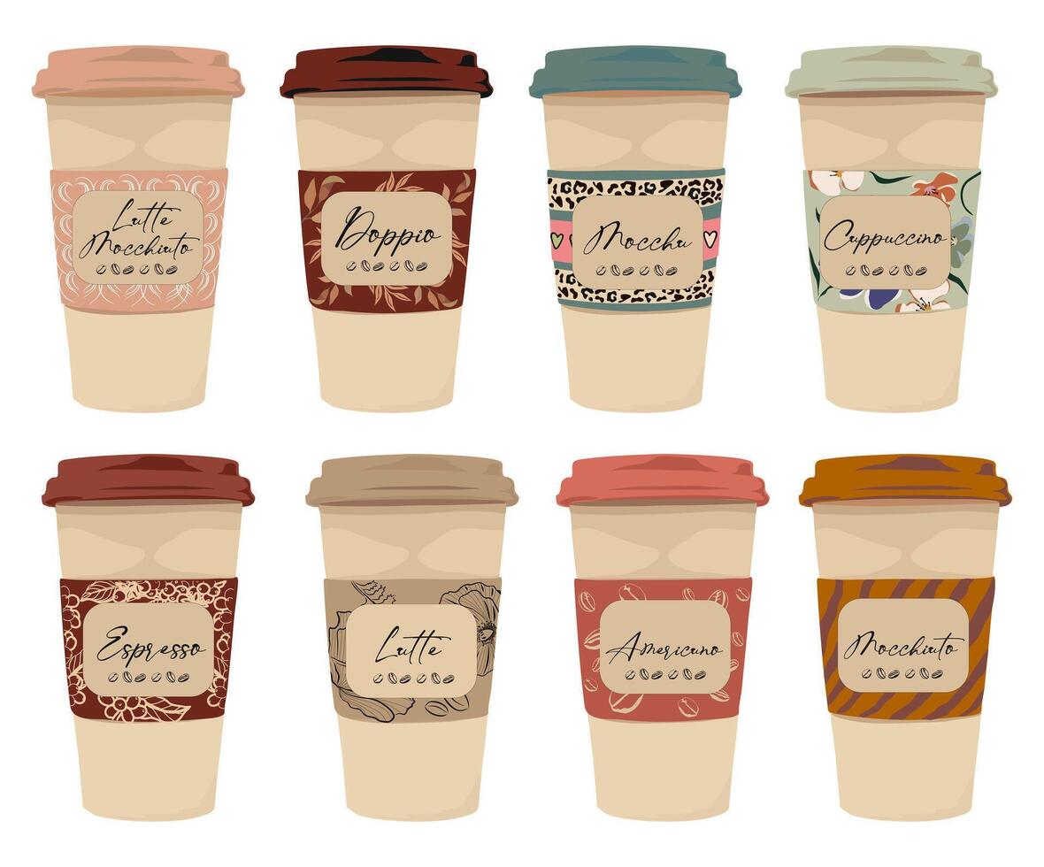 Set of different takeaway coffee cups - espresso, cappuccino, americano, latte, moccachino with trendy decorative labels and plastic lids. Hot drinks to go vector