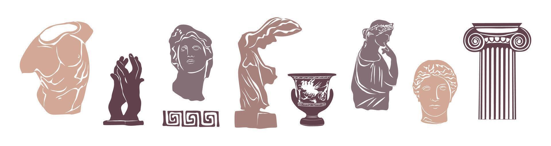 Various Antique statues. Heads of woman, male torso, Nika, hands, amphora. Mythical, ancient greek style. Classic statues in modern style vector