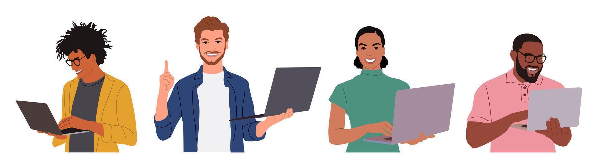 Set of Business People working at the computer. Different Men and women with laptop. Freelancers, multiracial business team vector