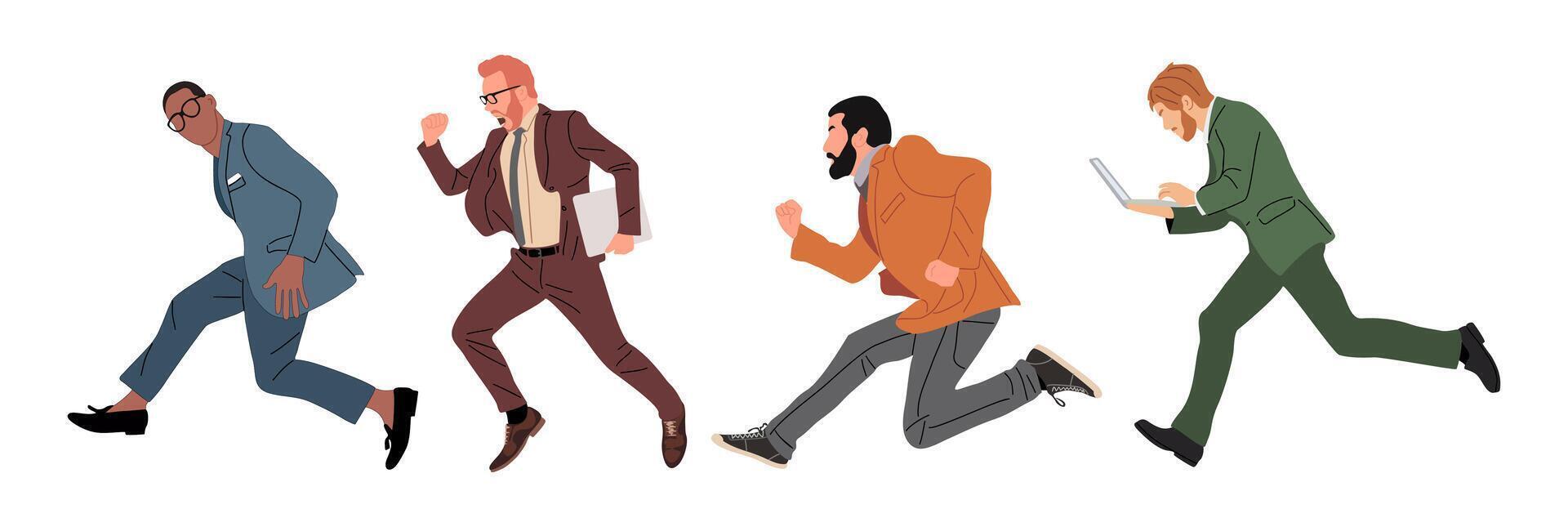 Set of Businessman characters running. Men different races, ethnicity wearing formal office outfit with laptop side view vector
