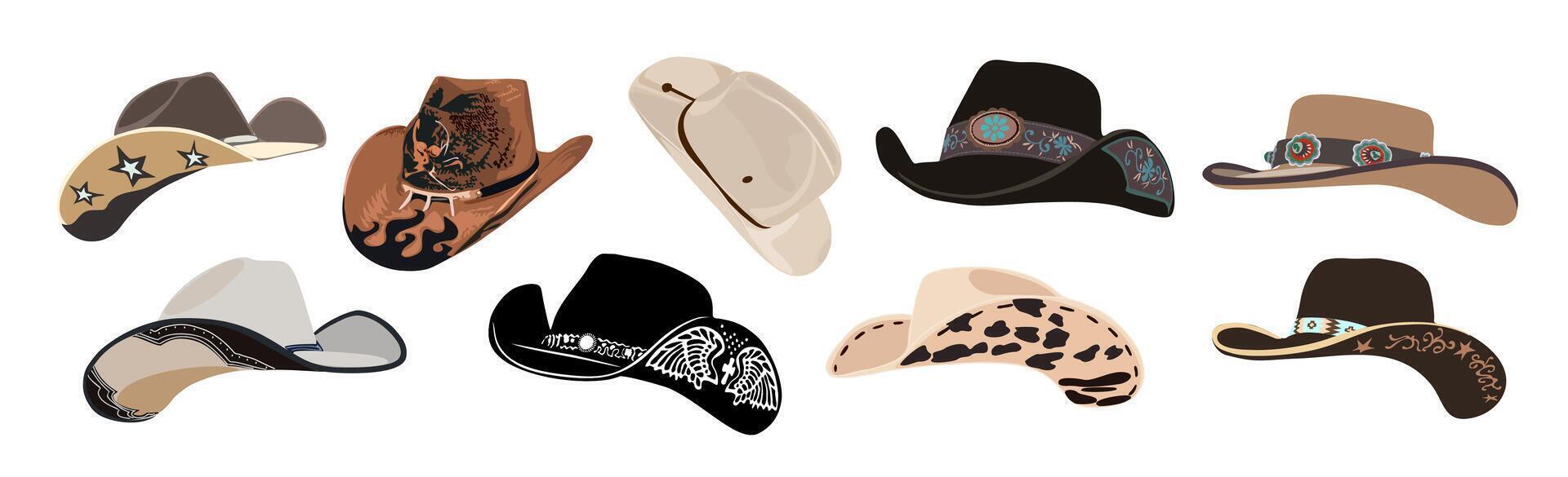 Set of different cowboy hats with traditional western decorations. Wild west fashion style vector
