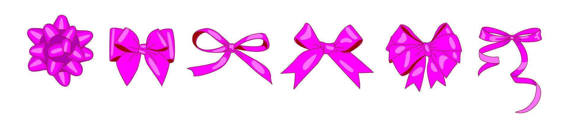 Purple ribbon bow set. Magenta silk bows festive decoration satin rose, luxury elements for holiday Womens, Mothers day design, elegant gift tape vector