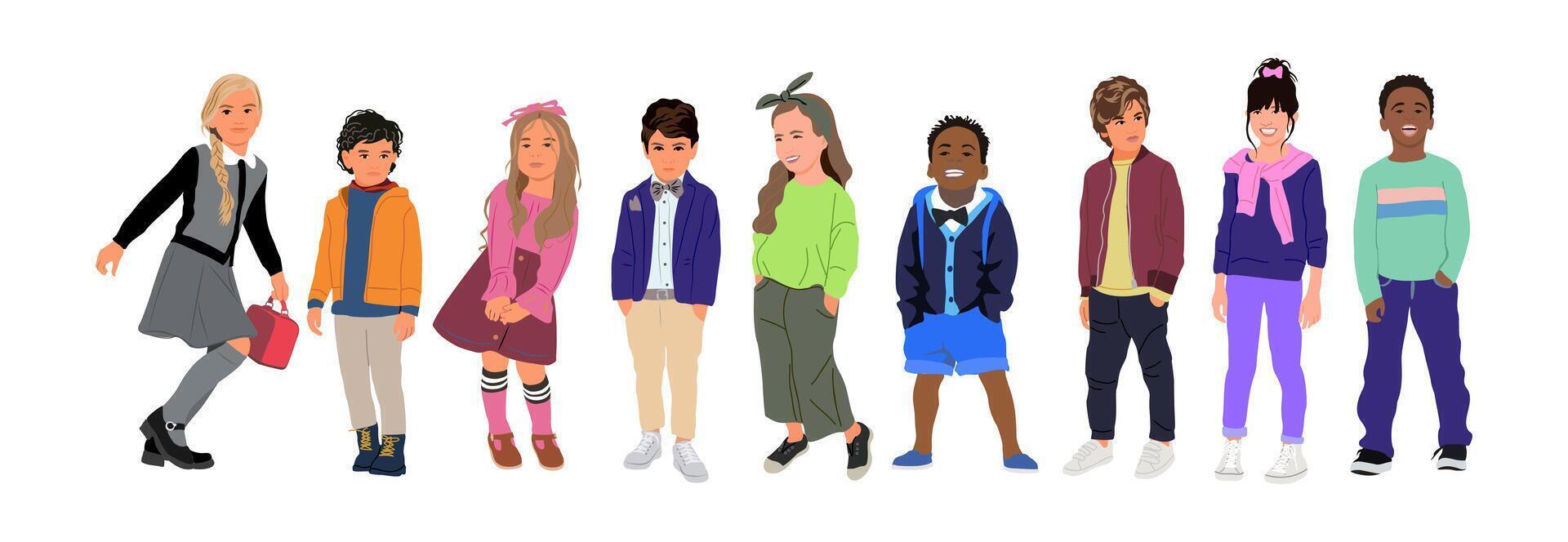 Multiracial group of children in modern casual clothing. Modern elementary, middle school students, kindergarten pupils cartoon characters. vector