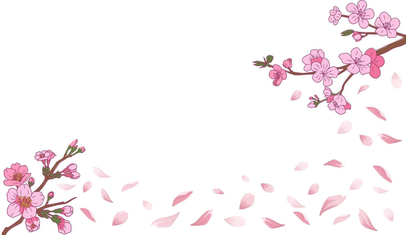 Abstract Spring background with Sakura, Cherry blossom branch and falling petals border and copy space for text. Overlay, banner, cover vector
