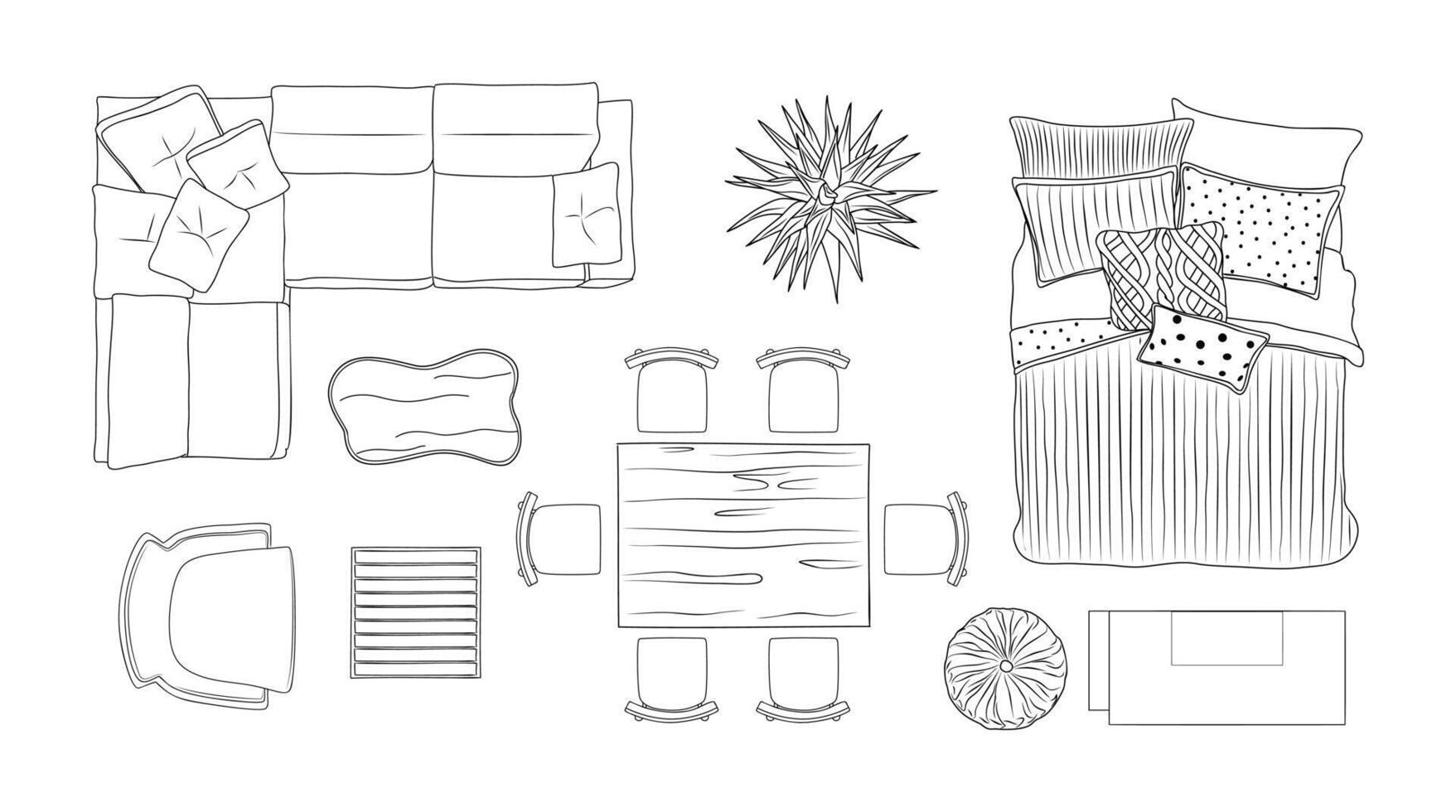 Furniture outline Top view. Set of line art elements for interior design of flat, house, apartment above view plan. Overhead contoured bed, sofa, chairs, plant, tables vector