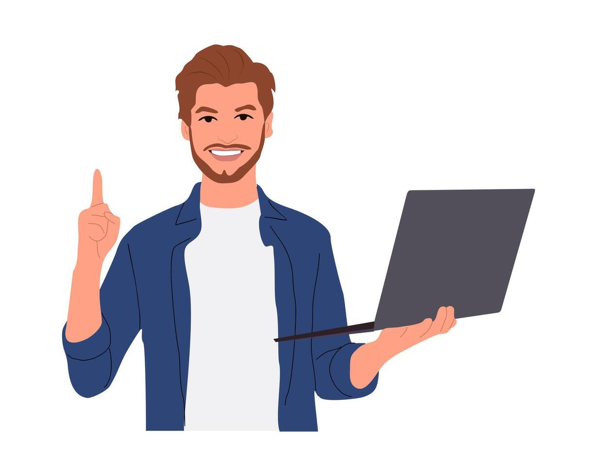 Young business man working with computer, finger pointing up. Student, coder, programmer work with laptop vector