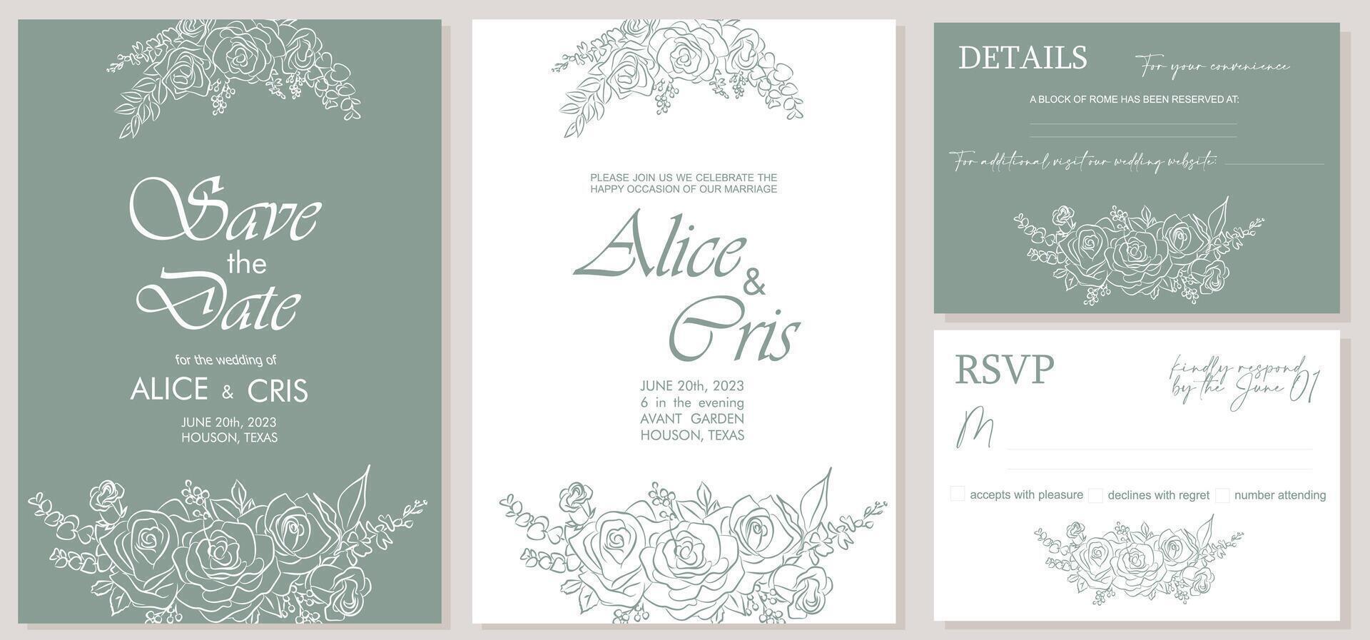Elegant Wedding Invitation, Save the Date template with RSVP, Details cards. Minimalist botanical stylish Wedding Invitation set, trendy rose flower line art in sage green color vector