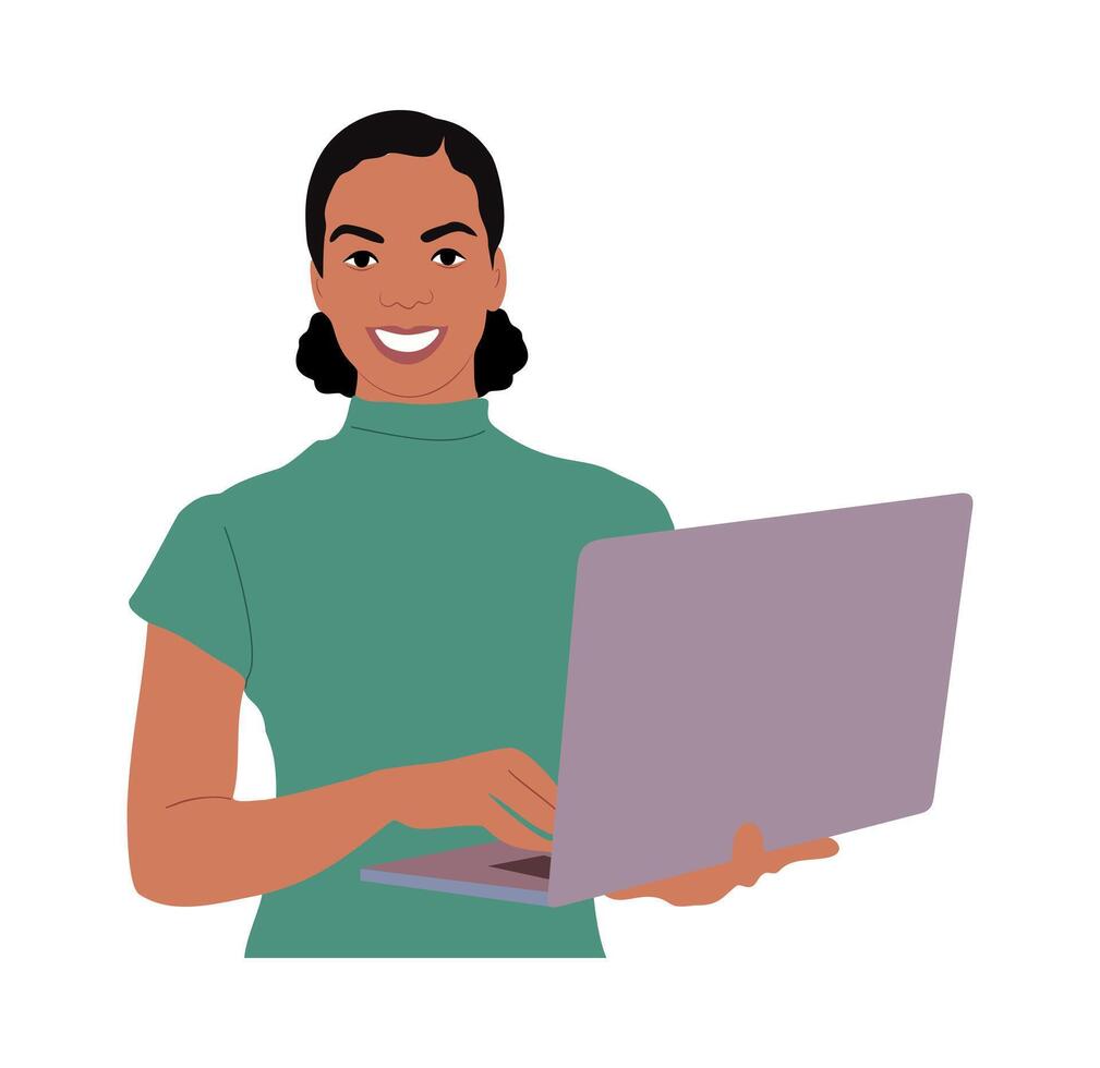 Young business woman working with computer. Pretty girl Student, teacher, entrepreneur work with laptop vector