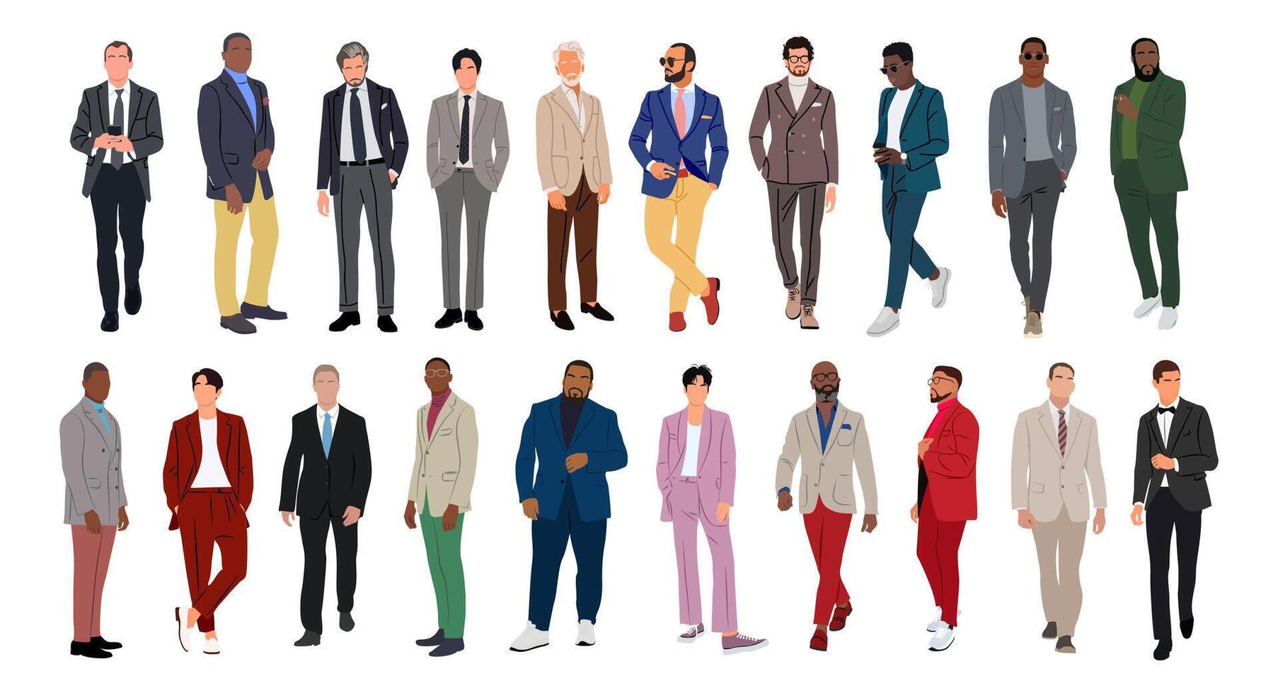 Set of Business men different races, ages and body types, walking and standing. Handsome male characters in formal suits, tuxedo. Multiracial business team vector