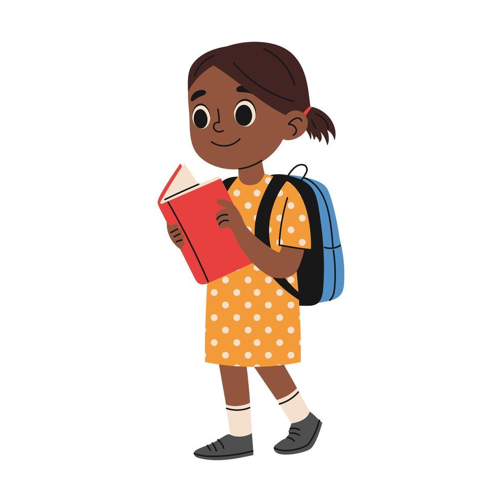 Happy school girl with school backpack reading book. Education concept. Hand drawn illustration vector