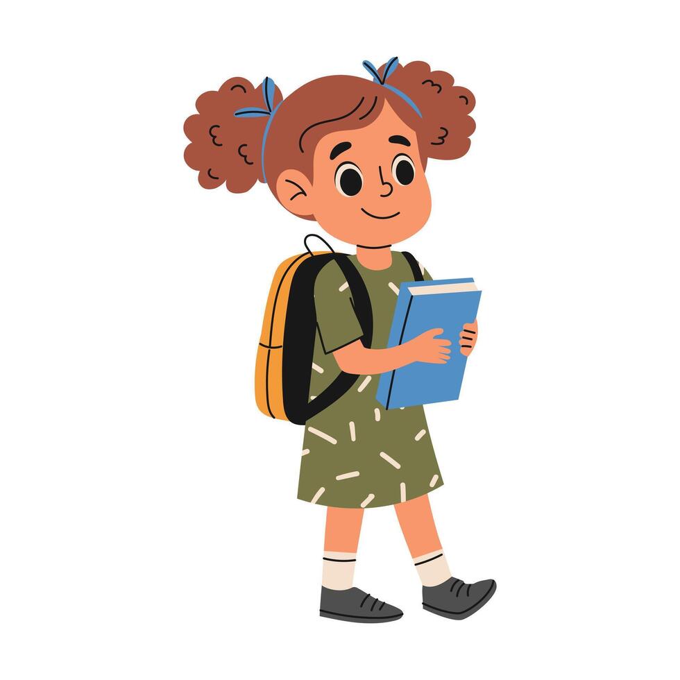 Elementary school girl with school bag and book. Back to school concept. Hand drawn illustration vector