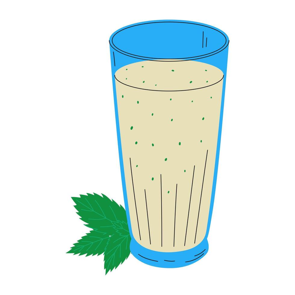 Glass of ayran.Traditional turkish dairy drink with mint. Hand drawn illustration. vector